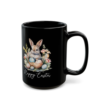 Happy Easter Mug – Watercolor Bunny and Eggs on Black Cup