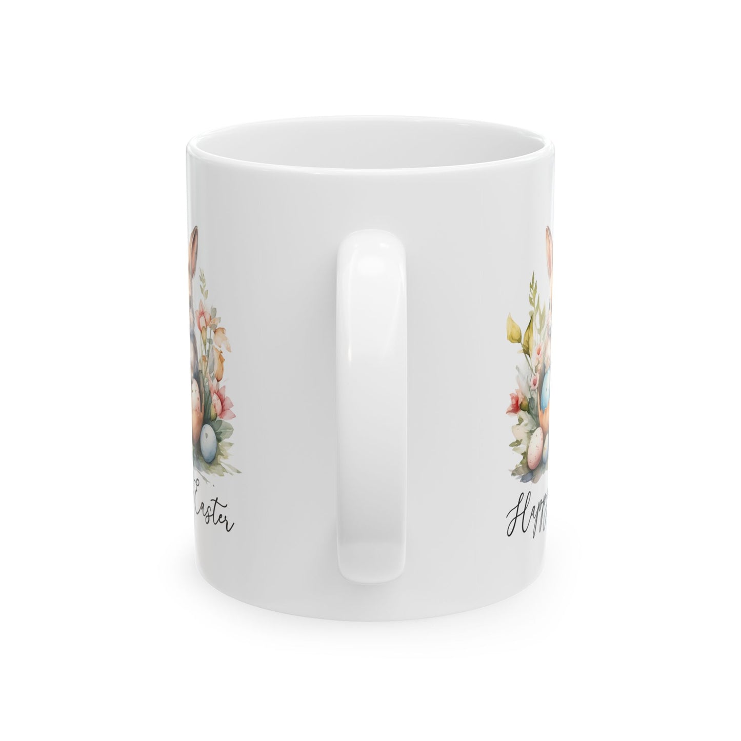 Happy Easter Bunny Mug – Watercolor Rabbit with Eggs and Flowers