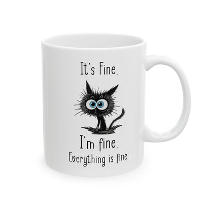 It's Fine Cat Mug – White Ceramic with Quirky Illustration
