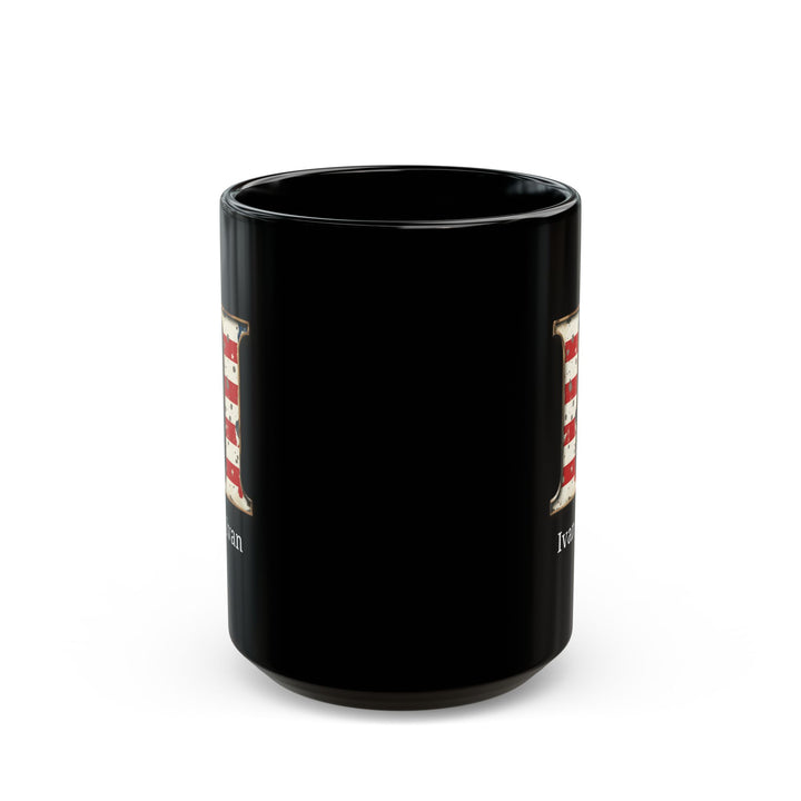 Black Personalized USA Flag Initial Mug with Letter I and Ivan Name Gift for Men, Veterans, Patriotic Coffee Lovers