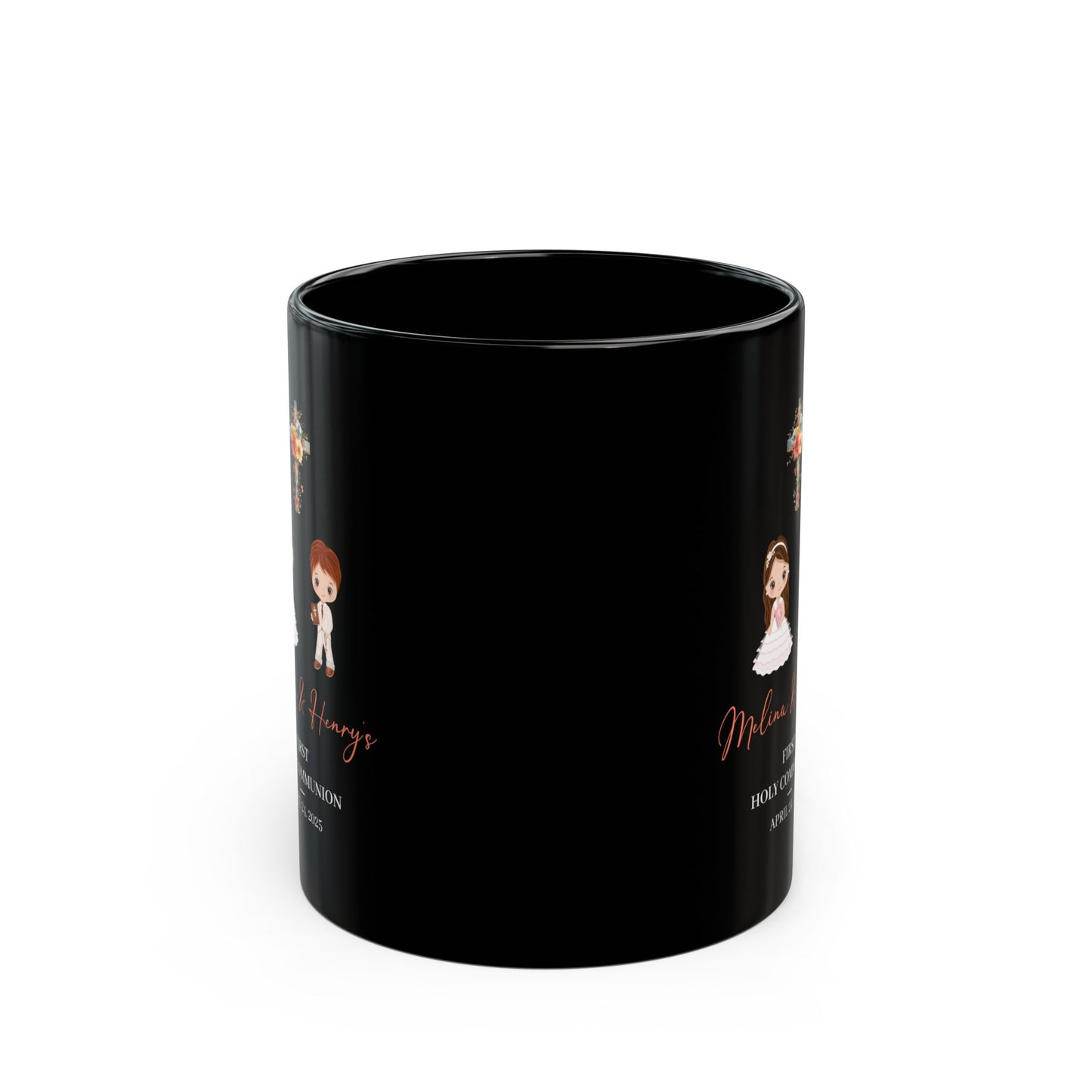 Black First Holy Communion Mug – Gift for Melina & Henry 2025