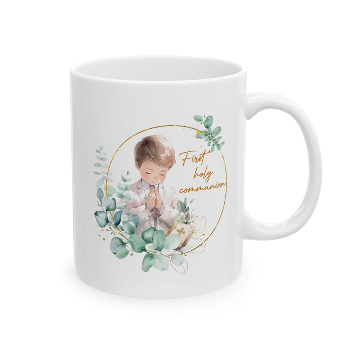 First Communion Mug for Boy – Elegant Eucalyptus Prayer Design