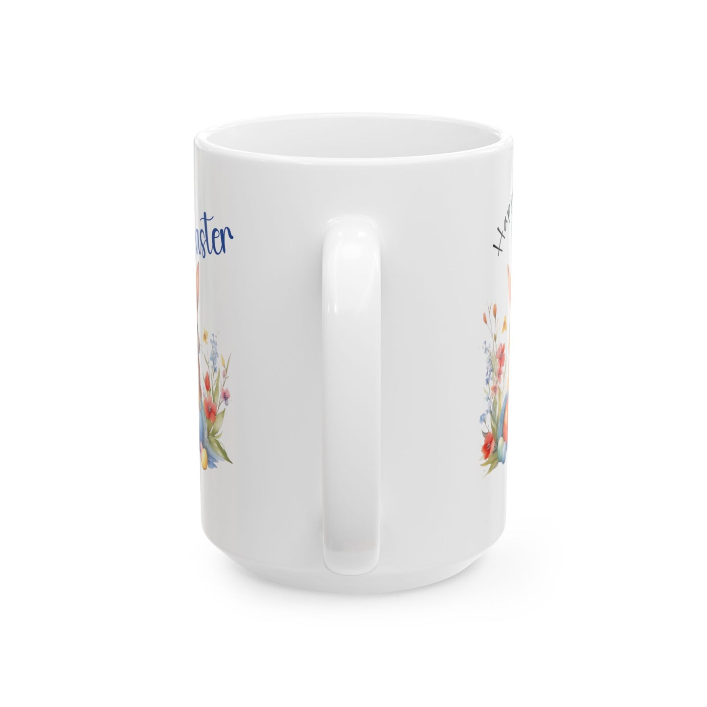 Happy Easter Mug – Cute Bunny with Colorful Eggs & Flowers