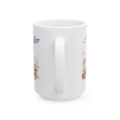 Happy Easter Mug – Cute Bunny with Colorful Eggs & Flowers