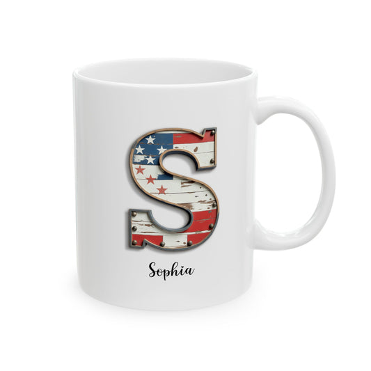 Mug - Patriotic American Flag Letter S with Kevin Name - Vintage Red, White, and Blue Design