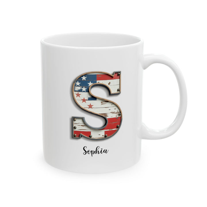 Mug - Patriotic American Flag Letter S with Kevin Name - Vintage Red, White, and Blue Design