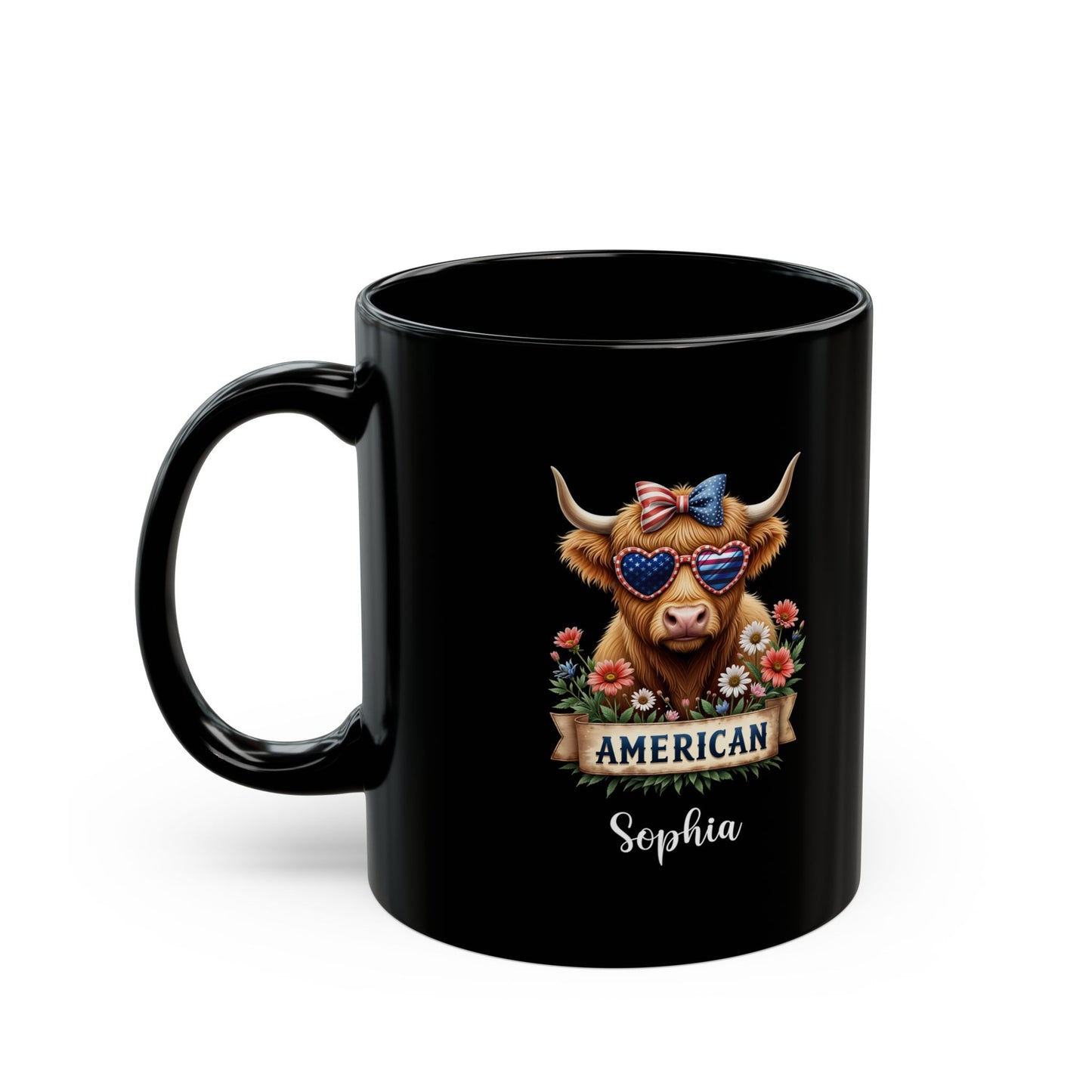 American Highland Cow Mug – Patriotic Personalized Coffee Cup Gift