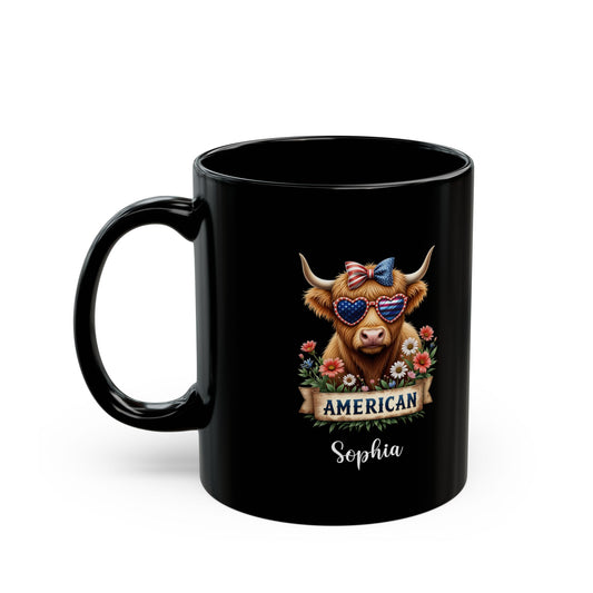 American Highland Cow Mug – Patriotic Personalized Coffee Cup Gift