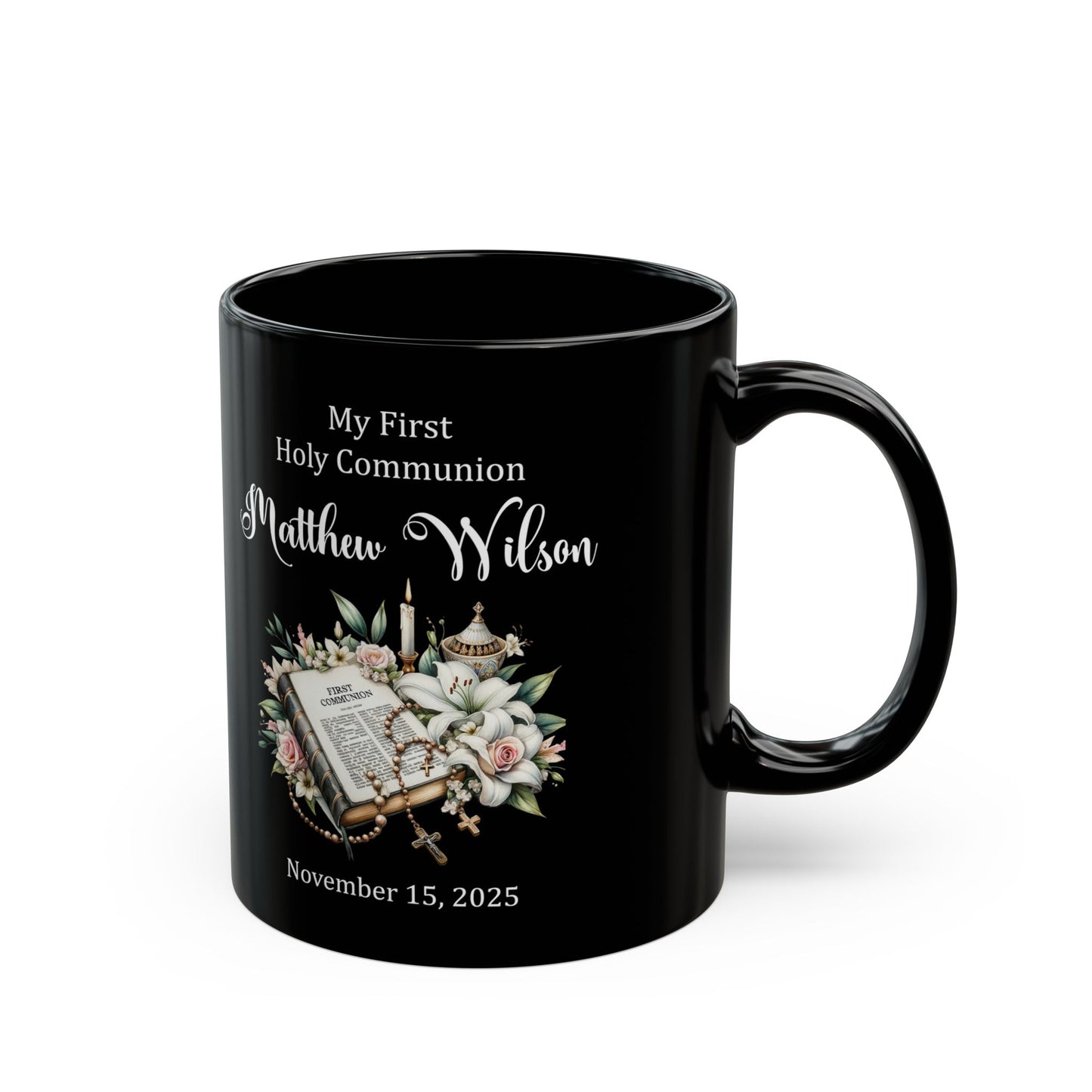 Black First Communion Mug – Matthew Wilson – Personalized Keepsake 2025