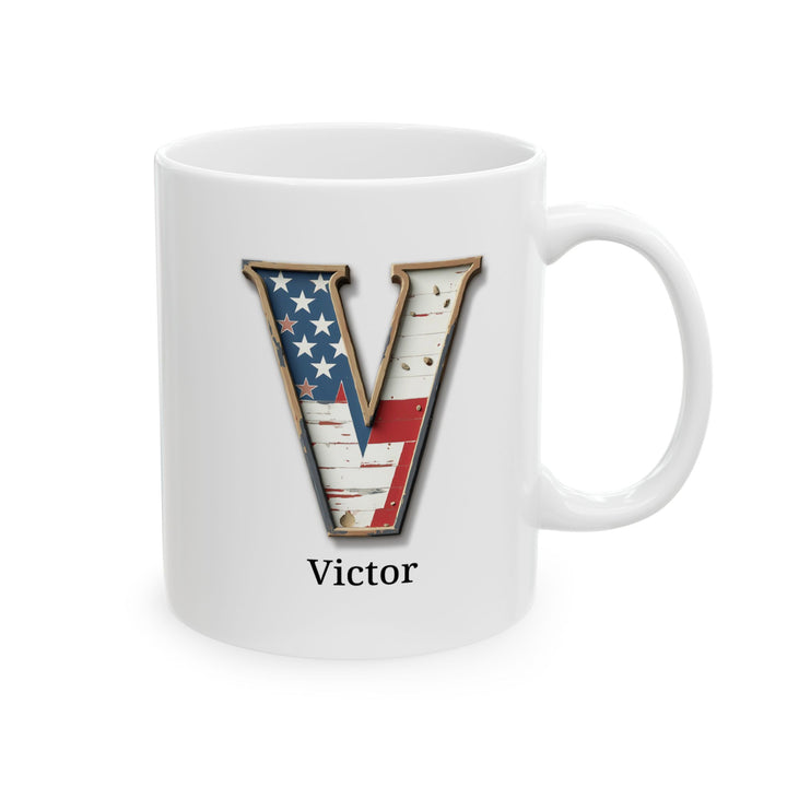 White American Flag Mug with Letter V and Name Victor Personalized Patriotic Coffee Cup Gift for Men Veterans or USA Flag Lovers