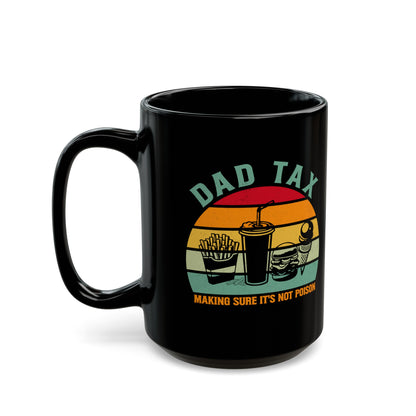 Dad Tax Mug – Black Retro Sunset Design with Snack Graphics
