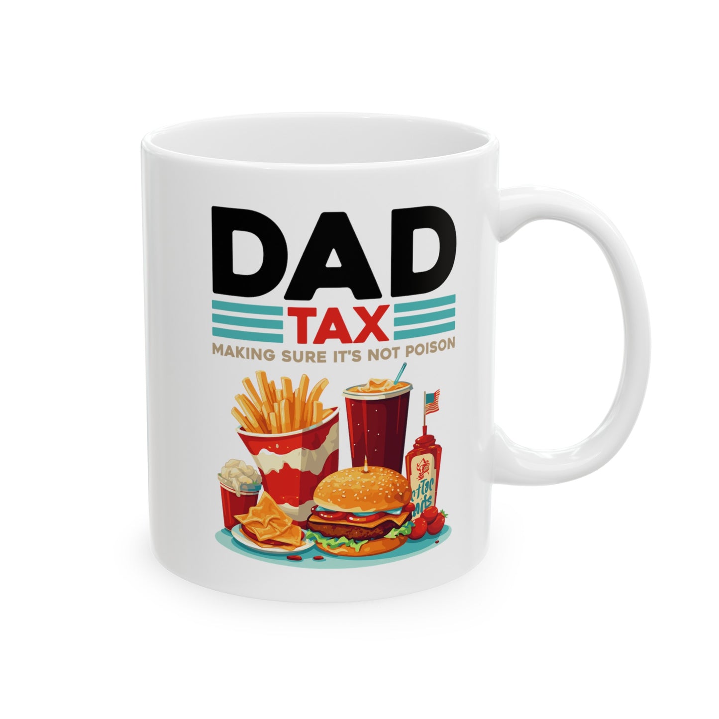 Dad Tax Mug – White with Colorful Junk Food Graphics