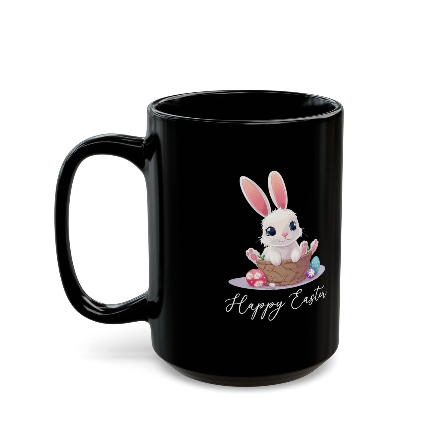 Happy Easter Bunny in Basket Mug – Cute Black Coffee Cup with Pastel Eggs