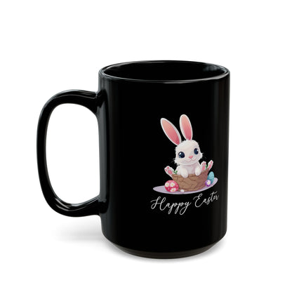 Happy Easter Bunny in Basket Mug – Cute Black Coffee Cup with Pastel Eggs