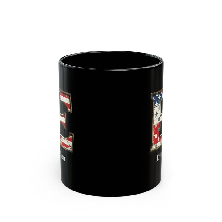 Black Personalized USA Flag Initial Mug with Letter E and Ethan Name Gift for Men, Veterans, Patriotic Coffee Lovers