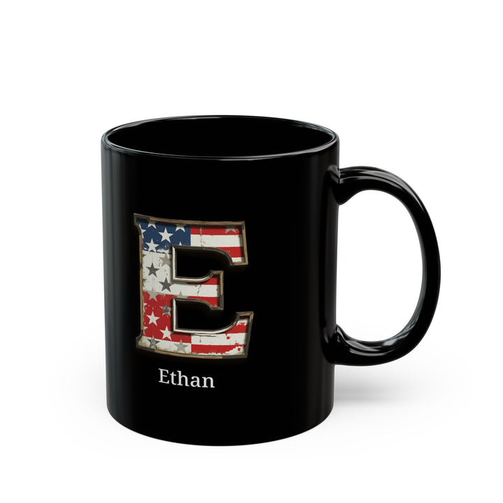 Black Personalized USA Flag Initial Mug with Letter E and Ethan Name Gift for Men, Veterans, Patriotic Coffee Lovers