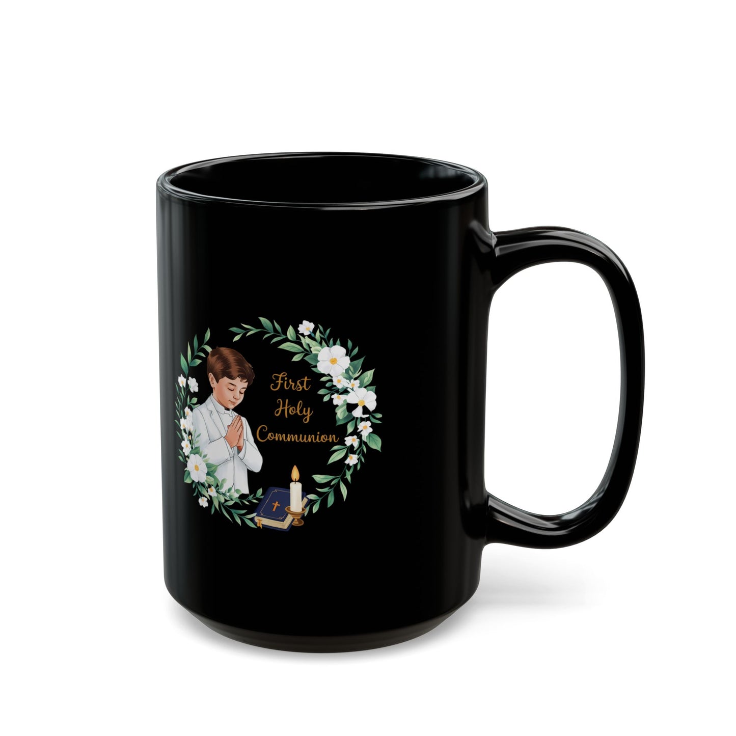 First Communion Boy Black Mug – Holy Gift with Prayer Design