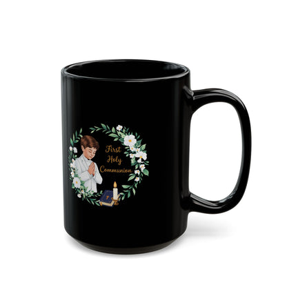 First Communion Boy Black Mug – Holy Gift with Prayer Design