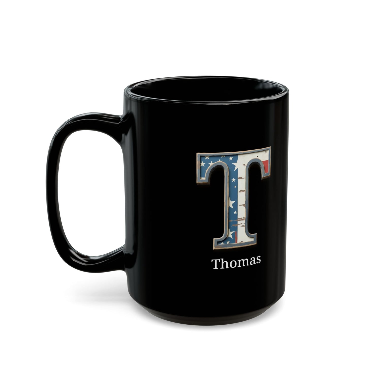 Black American Flag Mug with Letter T and Name Thomas Personalized Patriotic Coffee Cup Gift for Men Veterans or USA Flag Supporters