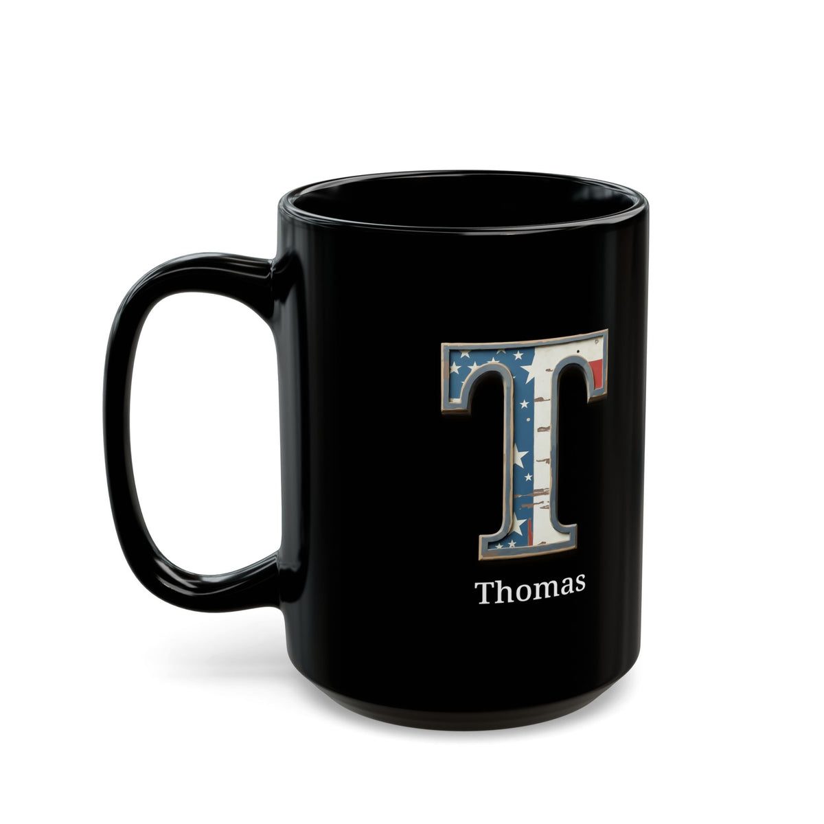 Black American Flag Mug with Letter T and Name Thomas Personalized Patriotic Coffee Cup Gift for Men Veterans or USA Flag Supporters