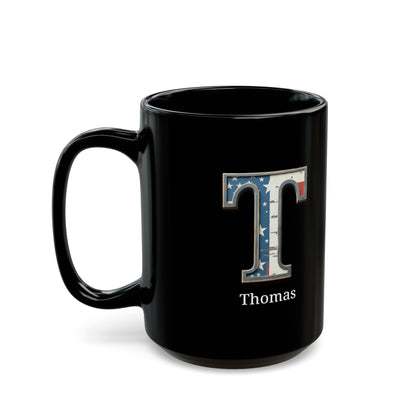 Black American Flag Mug with Letter T and Name Thomas Personalized Patriotic Coffee Cup Gift for Men Veterans or USA Flag Supporters