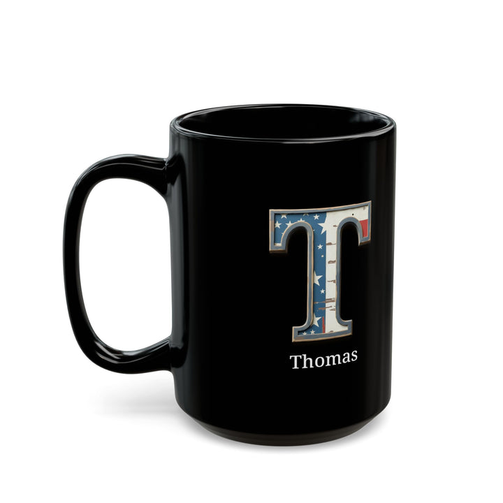 Black American Flag Mug with Letter T and Name Thomas Personalized Patriotic Coffee Cup Gift for Men Veterans or USA Flag Supporters