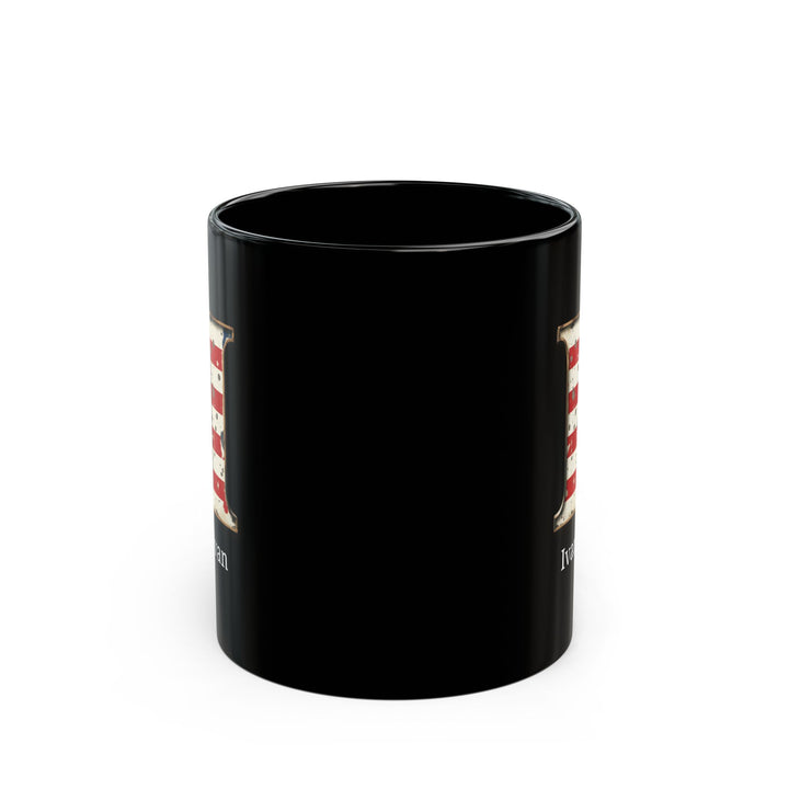 Black Personalized USA Flag Initial Mug with Letter I and Ivan Name Gift for Men, Veterans, Patriotic Coffee Lovers