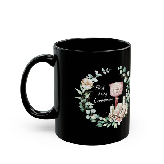 Black First Holy Communion Mug – Elegant Chalice & Bible Gift