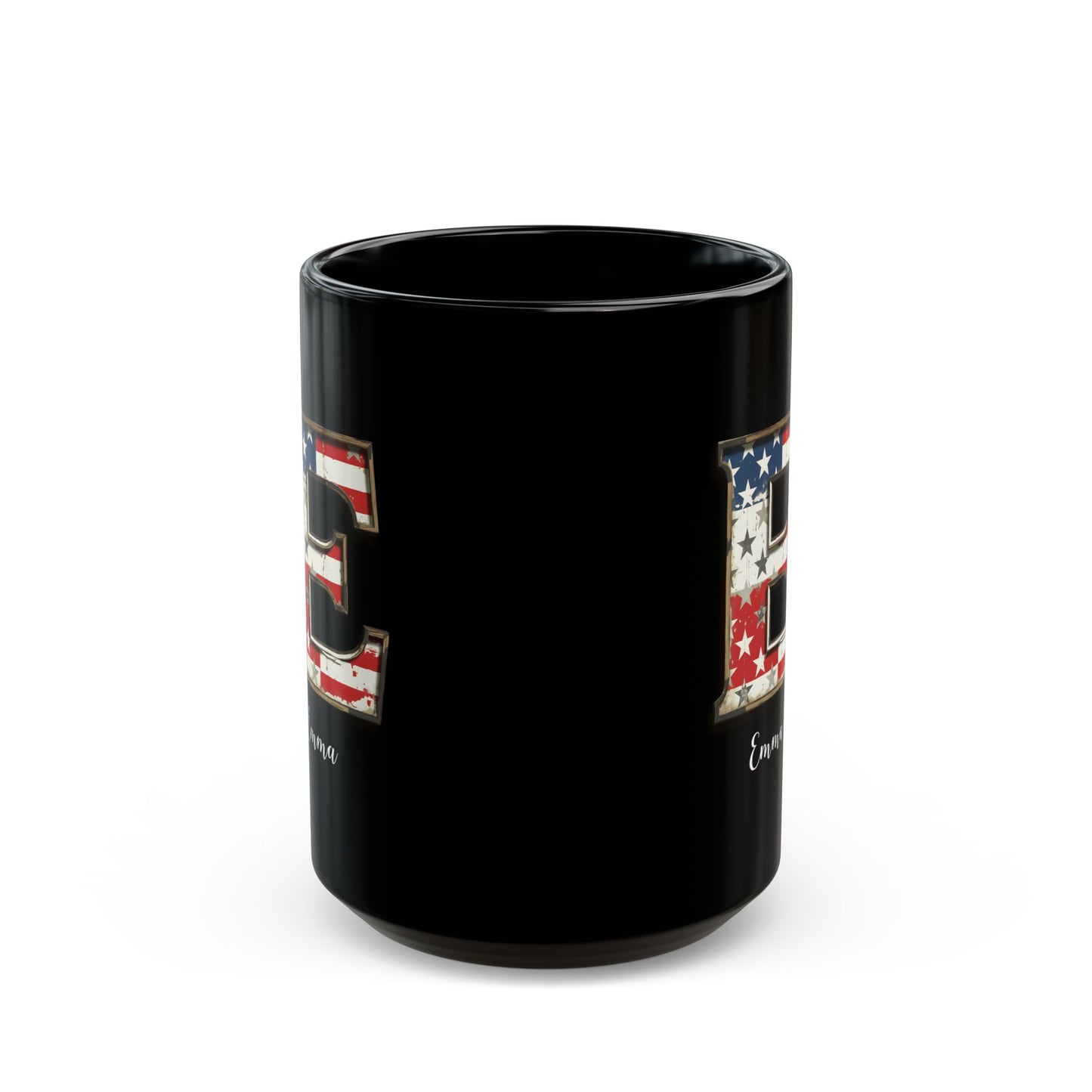 Mug - Patriotic American Flag Letter E with Kevin Name - Vintage Red, White, and Blue Design