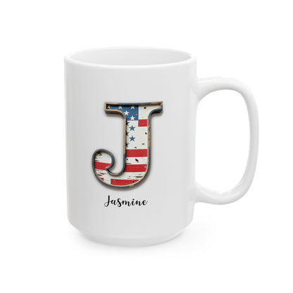 Mug - Patriotic American Flag Letter J with Kevin Name - Vintage Red, White, and Blue Design