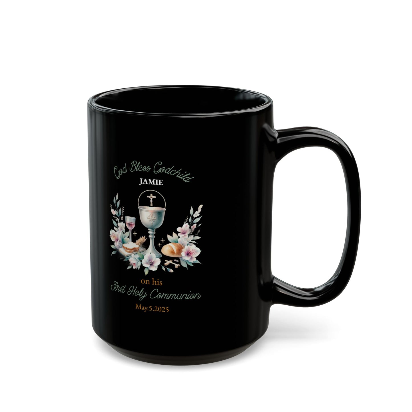 Black First Communion Mug for Godchild Jamie – Personalized Gift