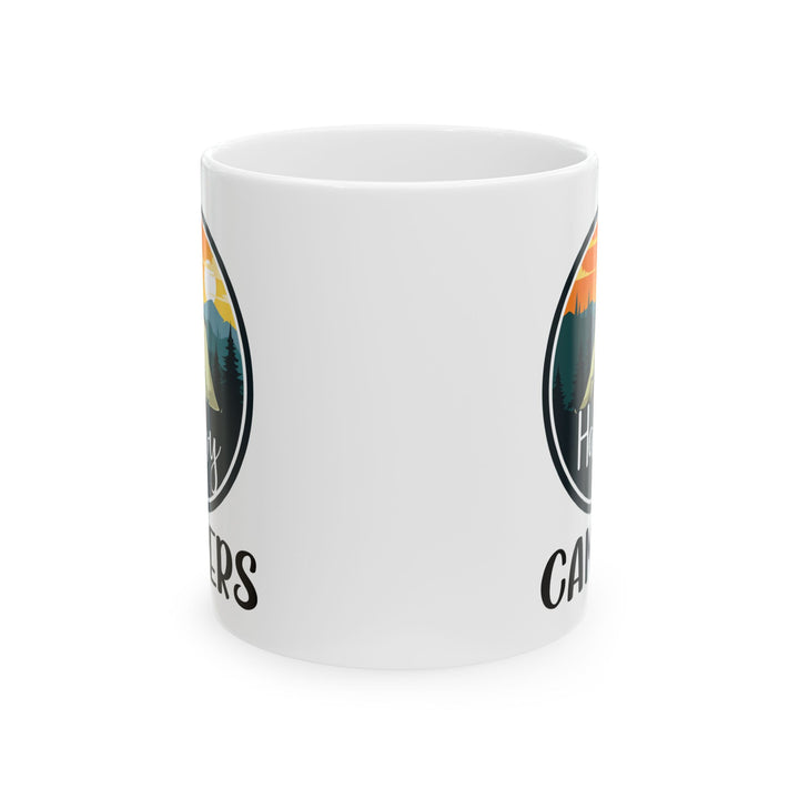 Happy Campers – Vintage Tent and Bonfire Adventure Scene Ceramic Mug, (11oz, 15oz)