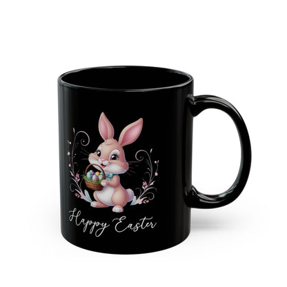 Happy Easter Bunny Mug – Black Coffee Cup with Cute Egg Basket Bunny