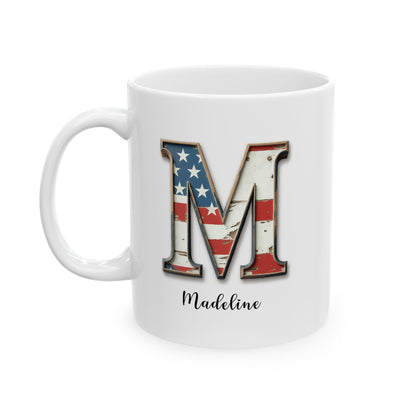Mug - Patriotic American Flag Letter M with Kevin Name - Vintage Red, White, and Blue Design