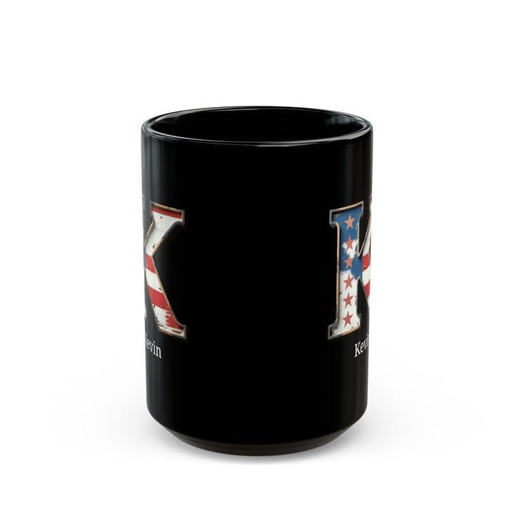 Black American Flag Mug with Letter K and Name Kevin Personalized Patriotic Coffee Cup Gift for Men Veterans or Proud USA Supporters