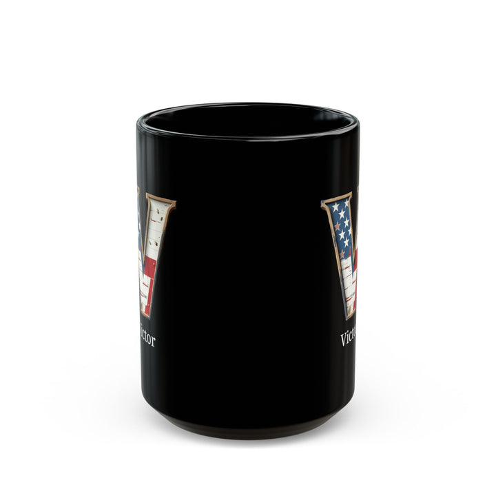 Personalized Black American Flag Mug with Letter V and Name Victor Custom Patriotic Coffee Cup Gift for Men Veterans or USA Lovers