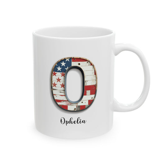 Mug - Patriotic American Flag Letter O with Kevin Name - Vintage Red, White, and Blue Design