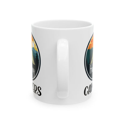 Happy Campers – Vintage Tent and Bonfire Adventure Scene Ceramic Mug, (11oz, 15oz)