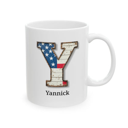 White Personalized USA Flag Initial Mug with Letter Y and Yannick Name Gift for Men, Veterans, Patriotic Coffee Lovers