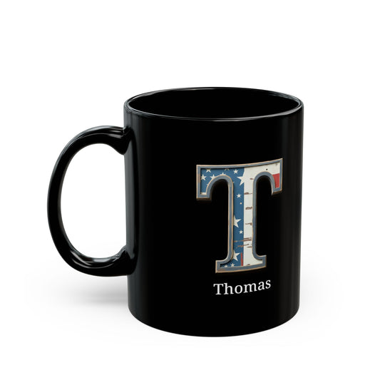 Black American Flag Mug with Letter T and Name Thomas Personalized Patriotic Coffee Cup Gift for Men Veterans or USA Flag Supporters