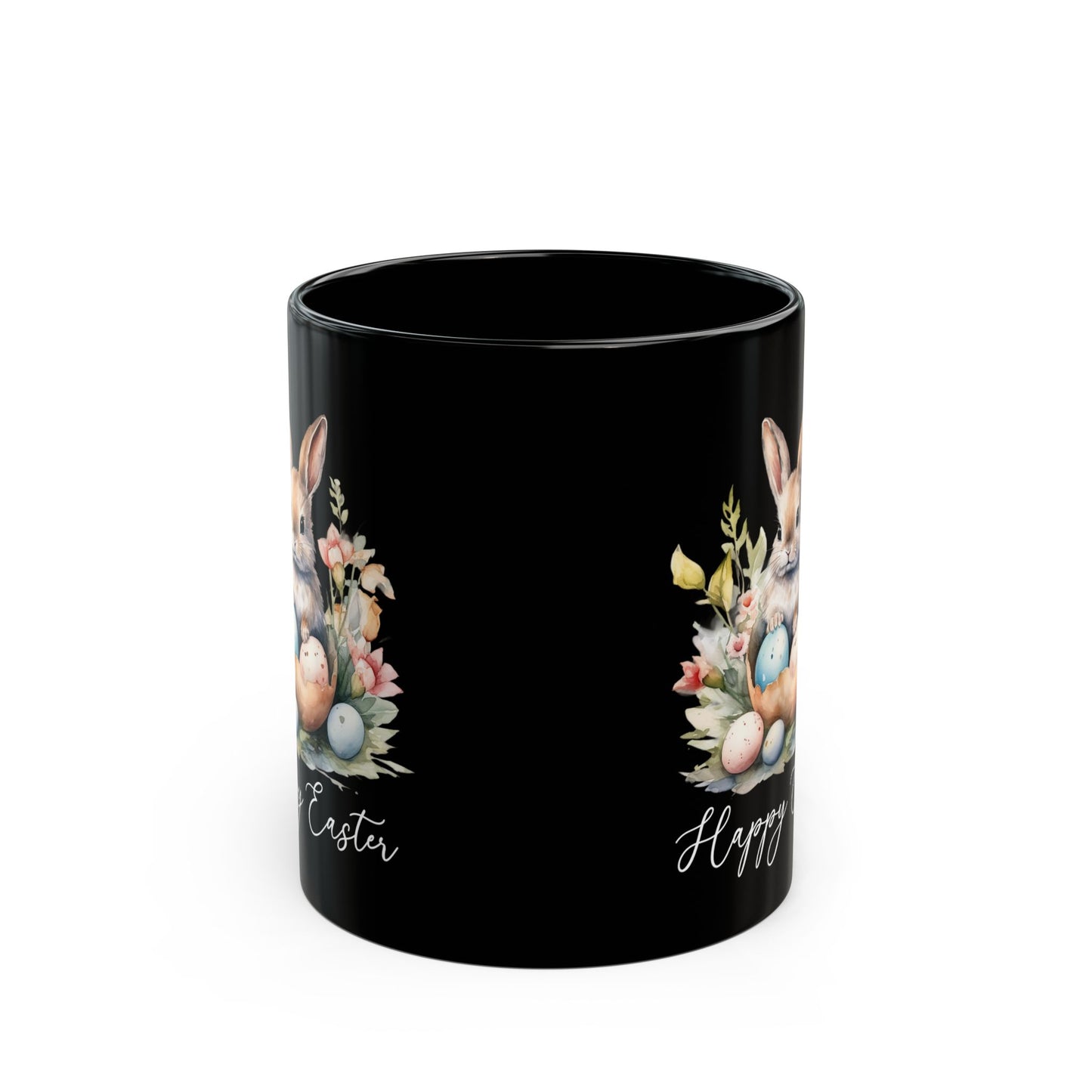 Happy Easter Mug – Watercolor Bunny and Eggs on Black Cup