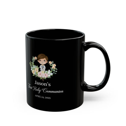 Custom Black Communion Mug for Boy – Personalized First Holy Gift