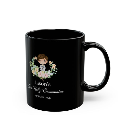 Custom Black Communion Mug for Boy – Personalized First Holy Gift