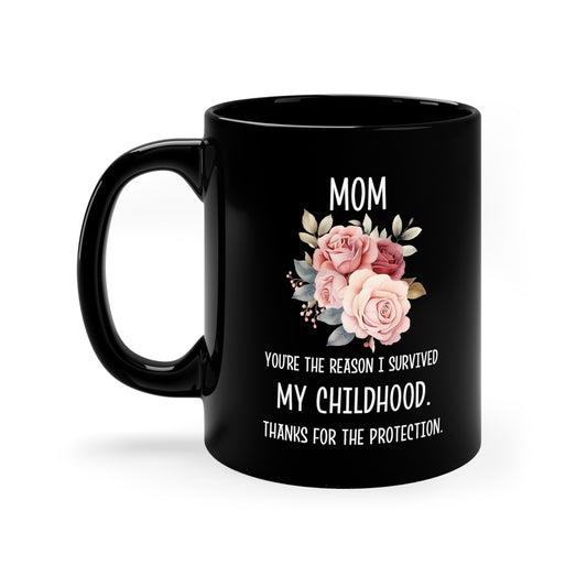Funny Mom Mug - Childhood Survival Gift Floral Black Coffee Cup for Mom