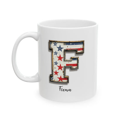 Mug - Patriotic American Flag Letter F with Kevin Name - Vintage Red, White, and Blue Design