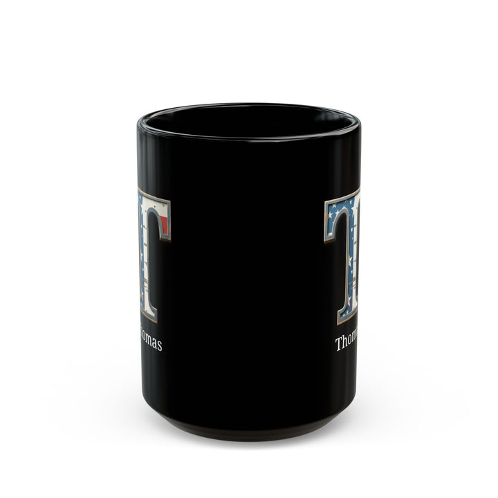 Black American Flag Mug with Letter T and Name Thomas Personalized Patriotic Coffee Cup Gift for Men Veterans or USA Flag Supporters
