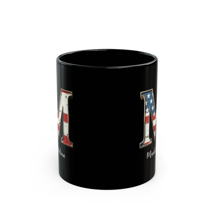 Mug - Patriotic American Flag Letter M with Kevin Name - Vintage Red, White, and Blue Design