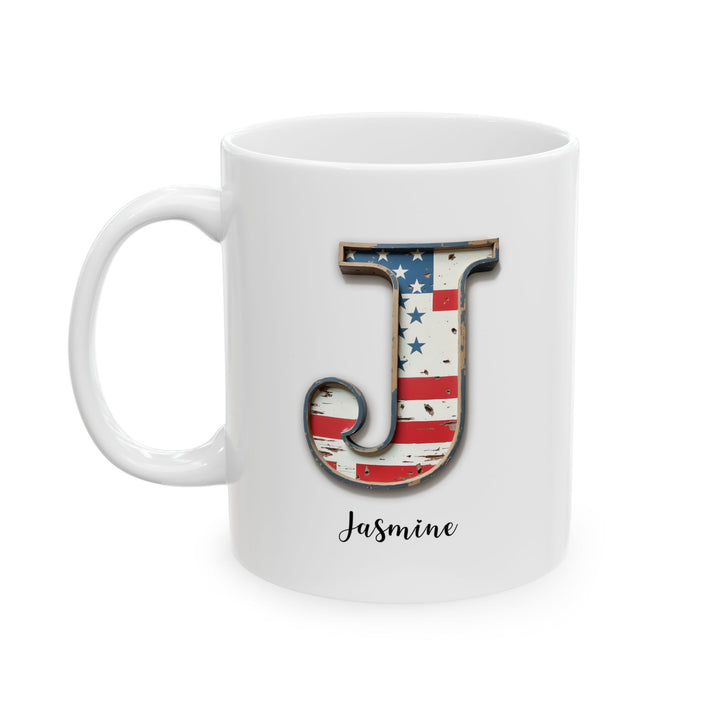 Mug - Patriotic American Flag Letter J with Kevin Name - Vintage Red, White, and Blue Design