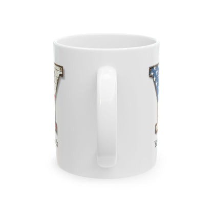 White Personalized USA Flag Initial Mug with Letter Y and Yannick Name Gift for Men, Veterans, Patriotic Coffee Lovers