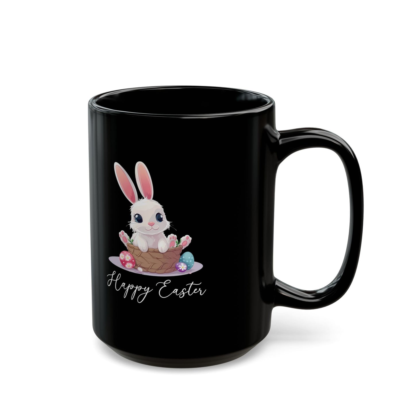 Happy Easter Bunny in Basket Mug – Cute Black Coffee Cup with Pastel Eggs
